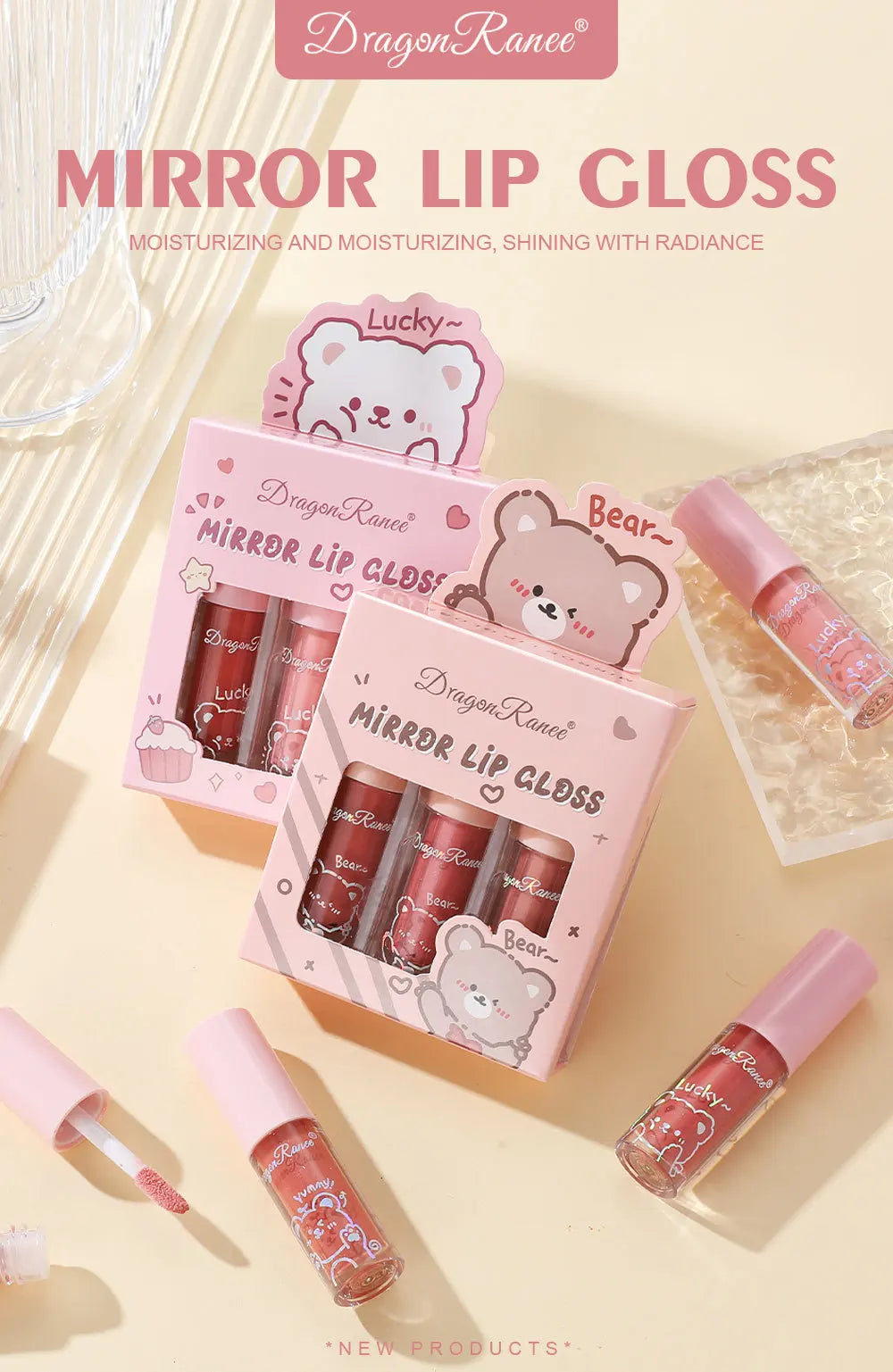 Dragon Ranee 3 colors doe lip glass hydrating mirror lip glaze moisturizing pearl with flash cartoon lip gloss set