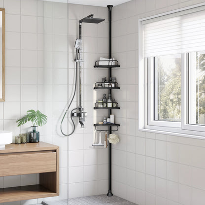 85-305 cm height adjustable shower rack with 4 trays bathroom shelf, shower corner no drilling necessary, white/black