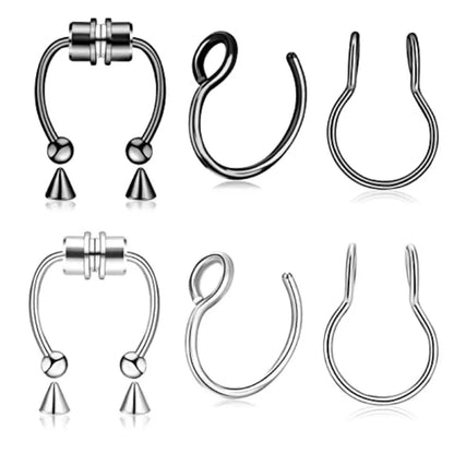 3/24pcs Fashion 316L Stainless Steel Fake Magnetic Septum Nose Hoop Ring,Horseshoe Clip On Nose Ring No-Pierced Septum Ring
