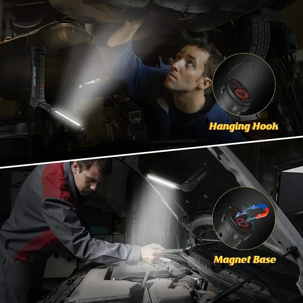 COB LED Work Light Dimmable USB Rechargeable LED Flashlight Inspection Lamp With Magnetic Hook Power Bank 18650 Battery Torch