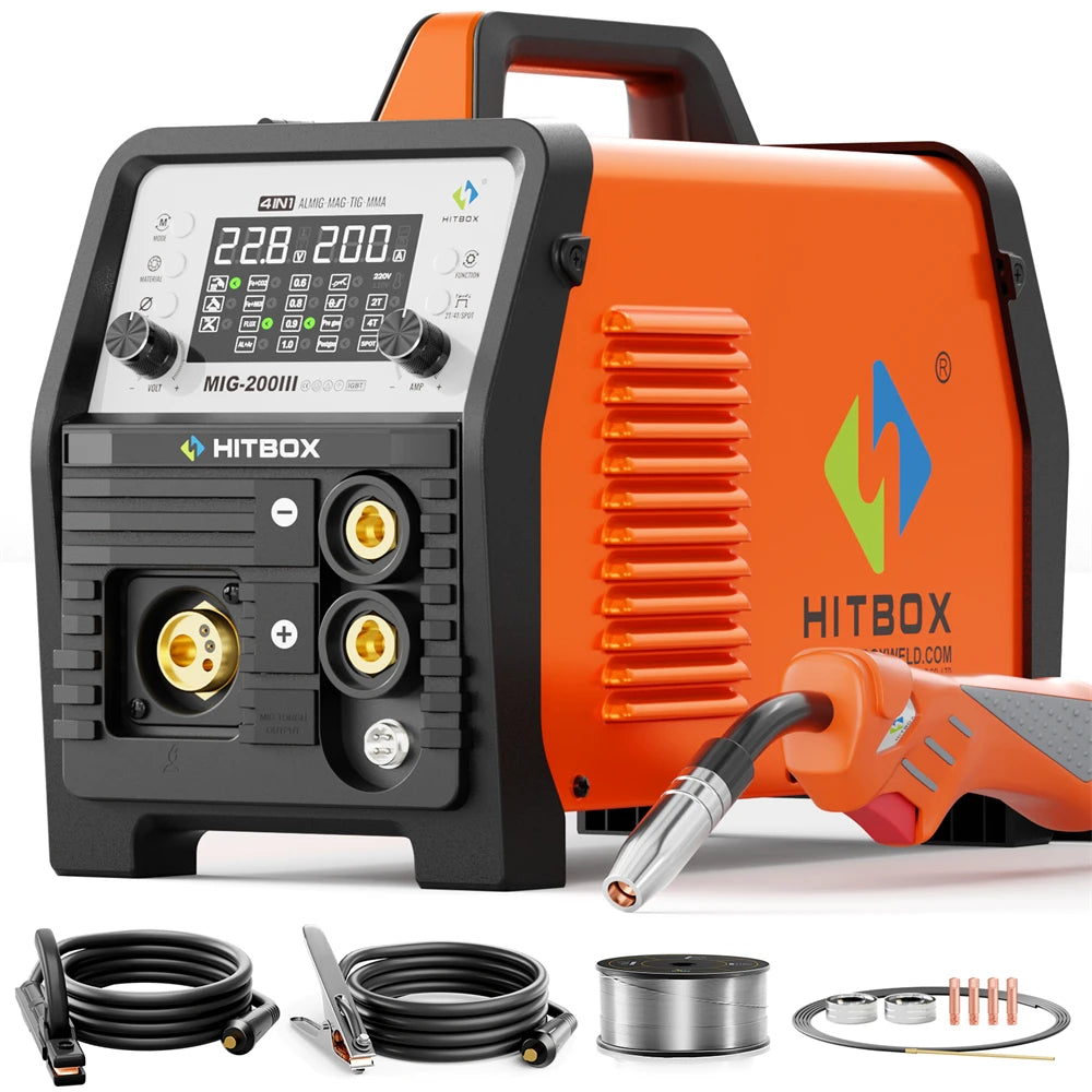 HITBOX 7 in 1 MIG Welding Machine 200A MMA/Gas Flux MIG/Lift TIG/Spot Welding/Spool Gun/Single Pulse Aluminium Welder Home DIY