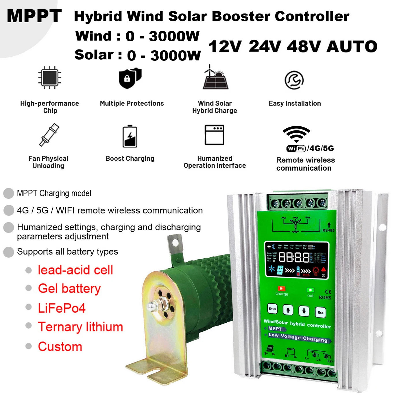 WIFI 4000W Wind Solar Hybrid Charge Controller with Equalizer, 12V 24V 48V AUTO, MPPT for Solar and Wind, for Lithium Lead Batte