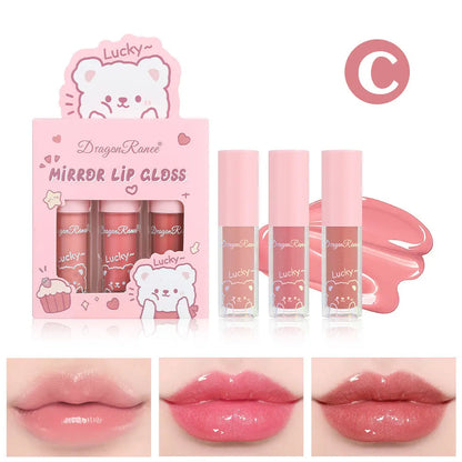 Dragon Ranee 3 colors doe lip glass hydrating mirror lip glaze moisturizing pearl with flash cartoon lip gloss set