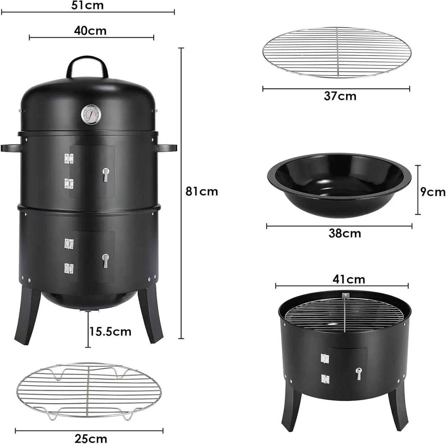 Charcoal BBQ Smoker Grill,3-in-1 Portable Vertical Grill Cooker with Built-in Thermometers & Adjustable Vent Systems for Outdoor