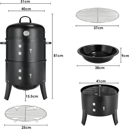 Charcoal BBQ Smoker Grill,3-in-1 Portable Vertical Grill Cooker with Built-in Thermometers & Adjustable Vent Systems for Outdoor