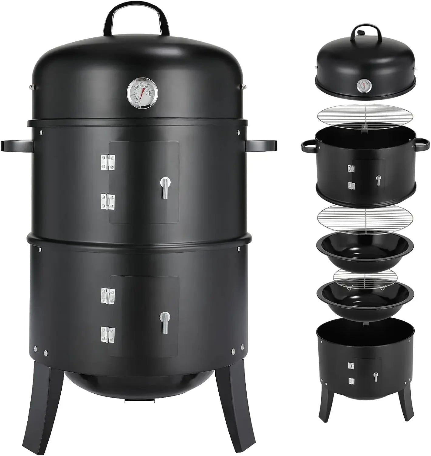 Charcoal BBQ Smoker Grill,3-in-1 Portable Vertical Grill Cooker with Built-in Thermometers & Adjustable Vent Systems for Outdoor