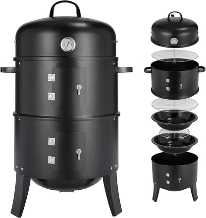 Charcoal BBQ Smoker Grill,3-in-1 Portable Vertical Grill Cooker with Built-in Thermometers & Adjustable Vent Systems for Outdoor