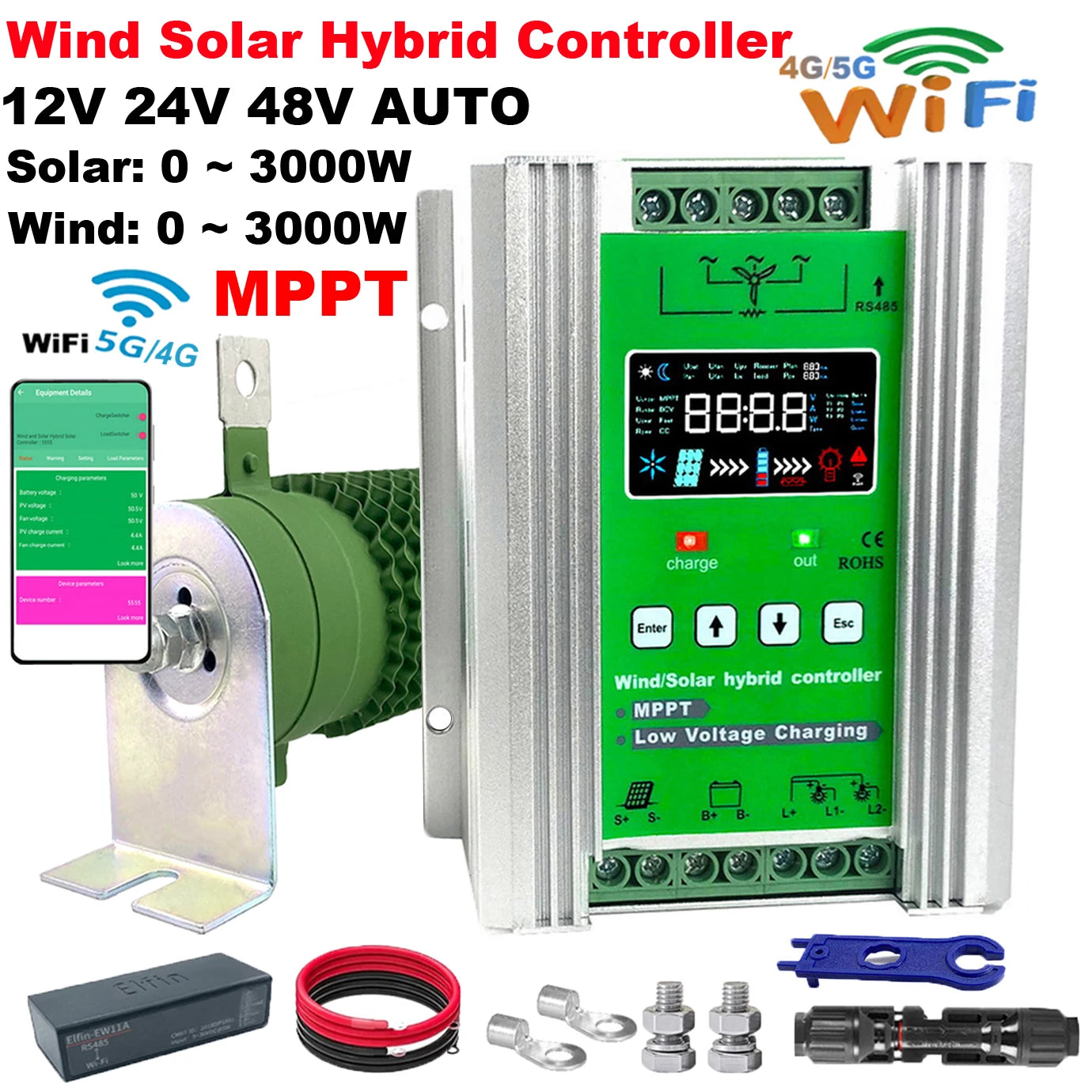 WIFI 4000W Wind Solar Hybrid Charge Controller with Equalizer, 12V 24V 48V AUTO, MPPT for Solar and Wind, for Lithium Lead Batte