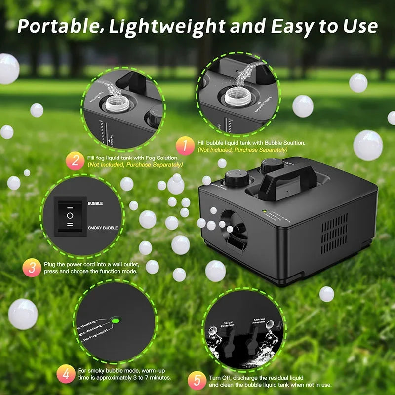 , 2-in-1 Fog Bubble Machine, Indoor and Outdoor Birthday Wedding Halloween Party No Spill Smoke Bubble Machine