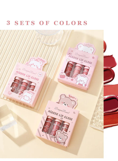 Dragon Ranee 3 colors doe lip glass hydrating mirror lip glaze moisturizing pearl with flash cartoon lip gloss set