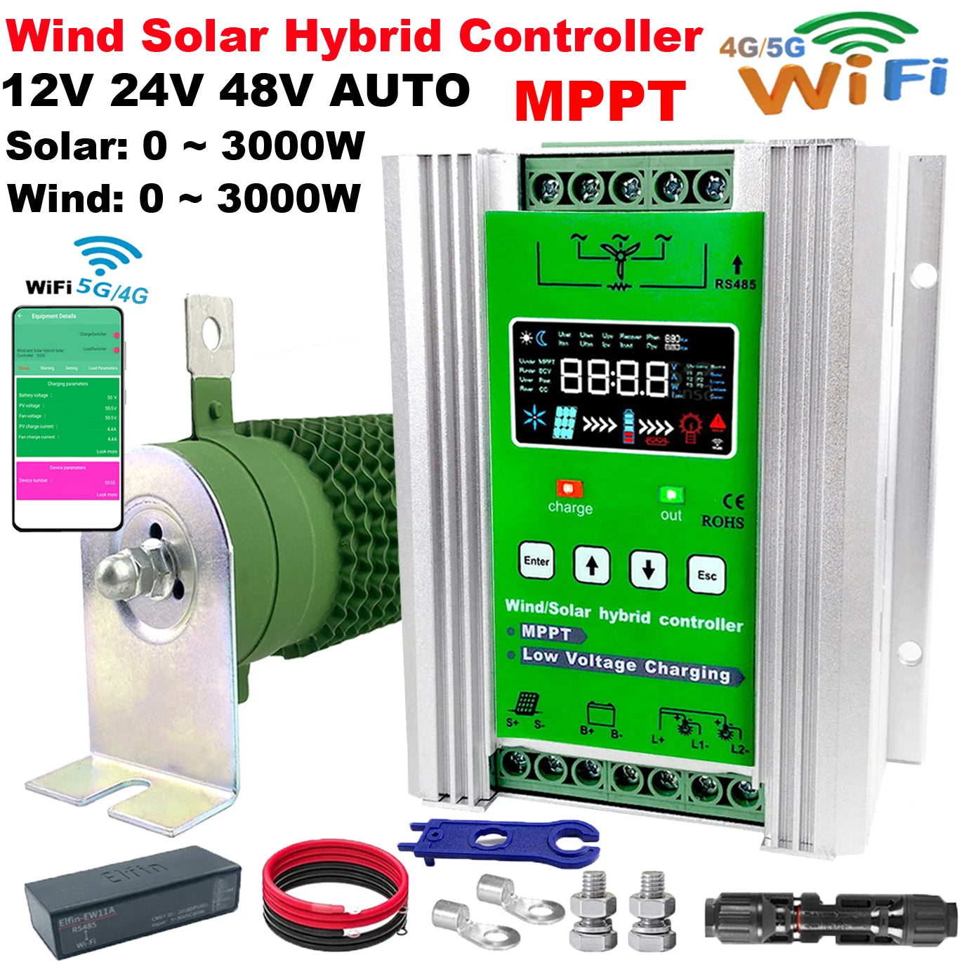 WIFI 4000W Wind Solar Hybrid Charge Controller with Equalizer, 12V 24V 48V AUTO, MPPT for Solar and Wind, for Lithium Lead Batte