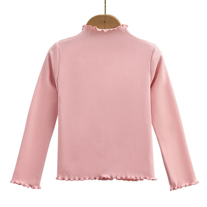 Autumn-Winter Girls Long Sleeve Solid Color T-Shirt with Ruffle Collar Girls Fashionable Comfortable Everyday Wear T-Shirt