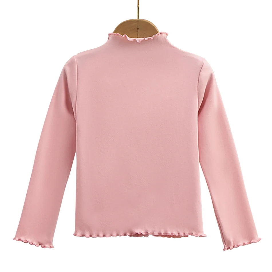 Autumn-Winter Girls Long Sleeve Solid Color T-Shirt with Ruffle Collar Girls Fashionable Comfortable Everyday Wear T-Shirt