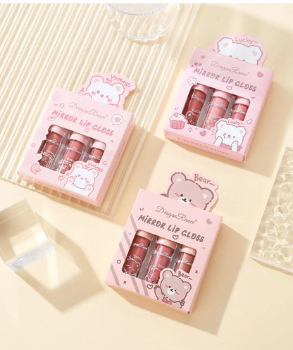 Dragon Ranee 3 colors doe lip glass hydrating mirror lip glaze moisturizing pearl with flash cartoon lip gloss set