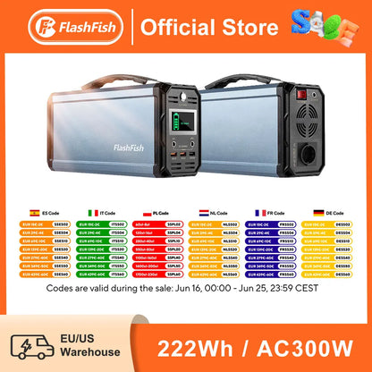 Flashfish Power Station 300W Portable AC Outlet 222Wh Solar Generator Energy Station Backup Power for Outdoor Camping RV Home