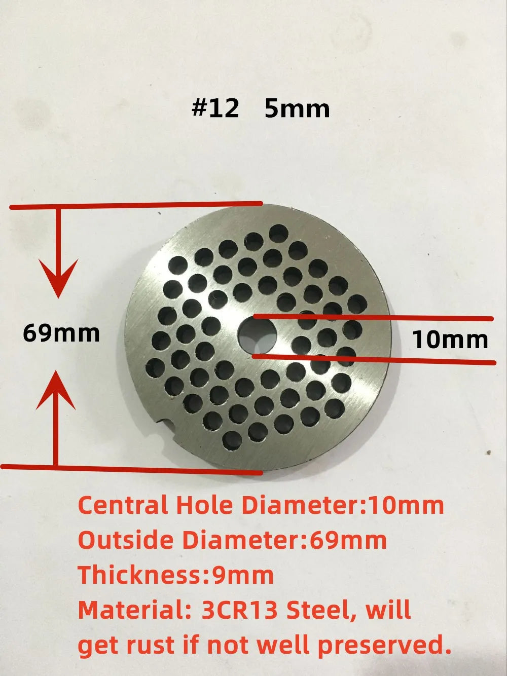 #12 Replaceable Meat Grinder Plate OD 69mm Center 10mm Hole 3-20mm Manganese Steel Chopper Mincer Disc For Mixer Food Chopper