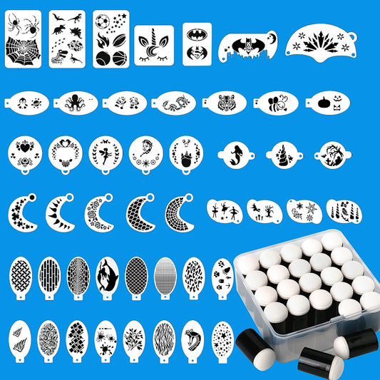 47pcs Reusable Face Paint Stencils for Body Art Painting Halloween Party Makeup Temporary Tattoos Stencils sponges