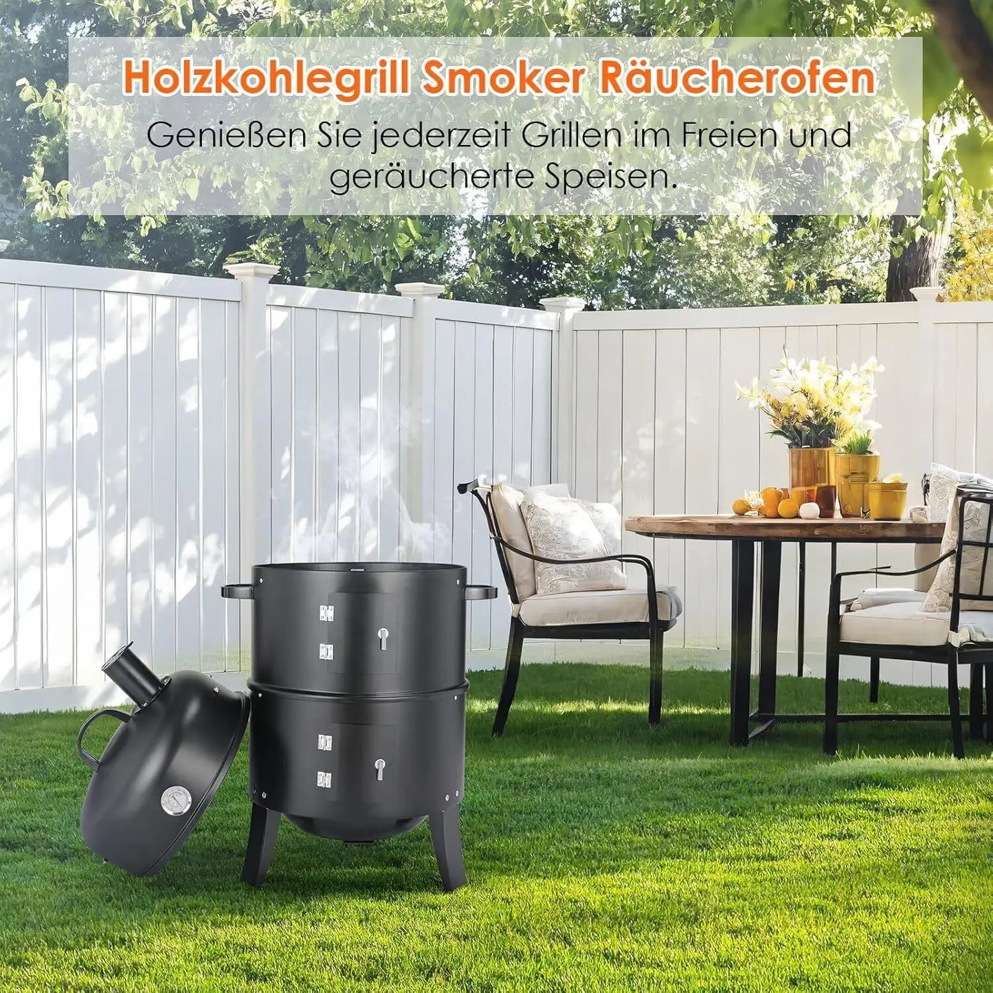 Charcoal BBQ Smoker Grill,3-in-1 Portable Vertical Grill Cooker with Built-in Thermometers & Adjustable Vent Systems for Outdoor