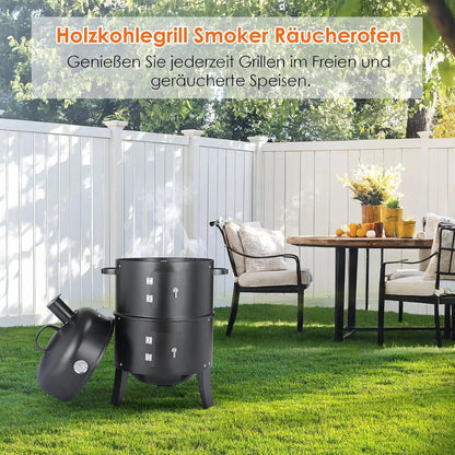 Charcoal BBQ Smoker Grill,3-in-1 Portable Vertical Grill Cooker with Built-in Thermometers & Adjustable Vent Systems for Outdoor