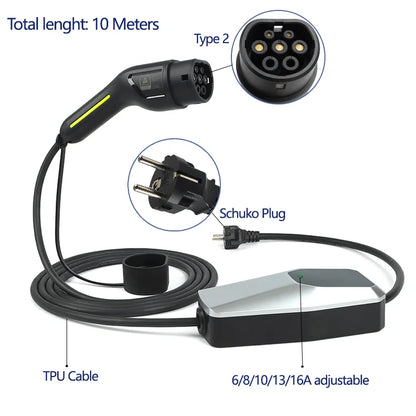 Type 1 Type 2 EV Charger Charging Box Electric for Electric Car 6A-16A 10 Meters  4 Meters  1 phase EVSE Charging Cable Mode 2