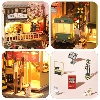 3D Wood Puzzle Book Nook Kit DIY Bookend Decoration with LED Light Miniature Dollhouse Model Building Kit Insert Bookshelf Gift