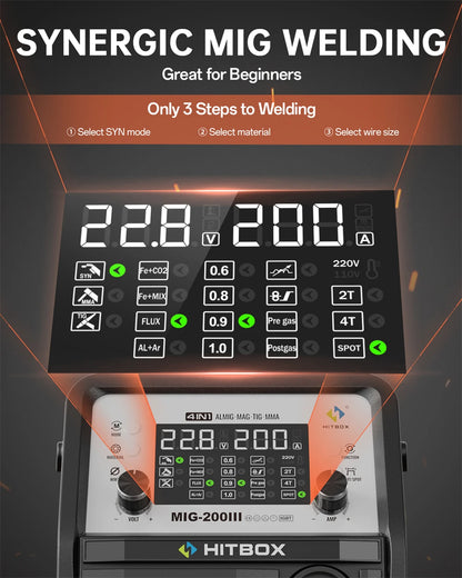 HITBOX 7 in 1 MIG Welding Machine 200A MMA/Gas Flux MIG/Lift TIG/Spot Welding/Spool Gun/Single Pulse Aluminium Welder Home DIY