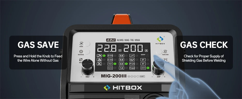 HITBOX 7 in 1 MIG Welding Machine 200A MMA/Gas Flux MIG/Lift TIG/Spot Welding/Spool Gun/Single Pulse Aluminium Welder Home DIY