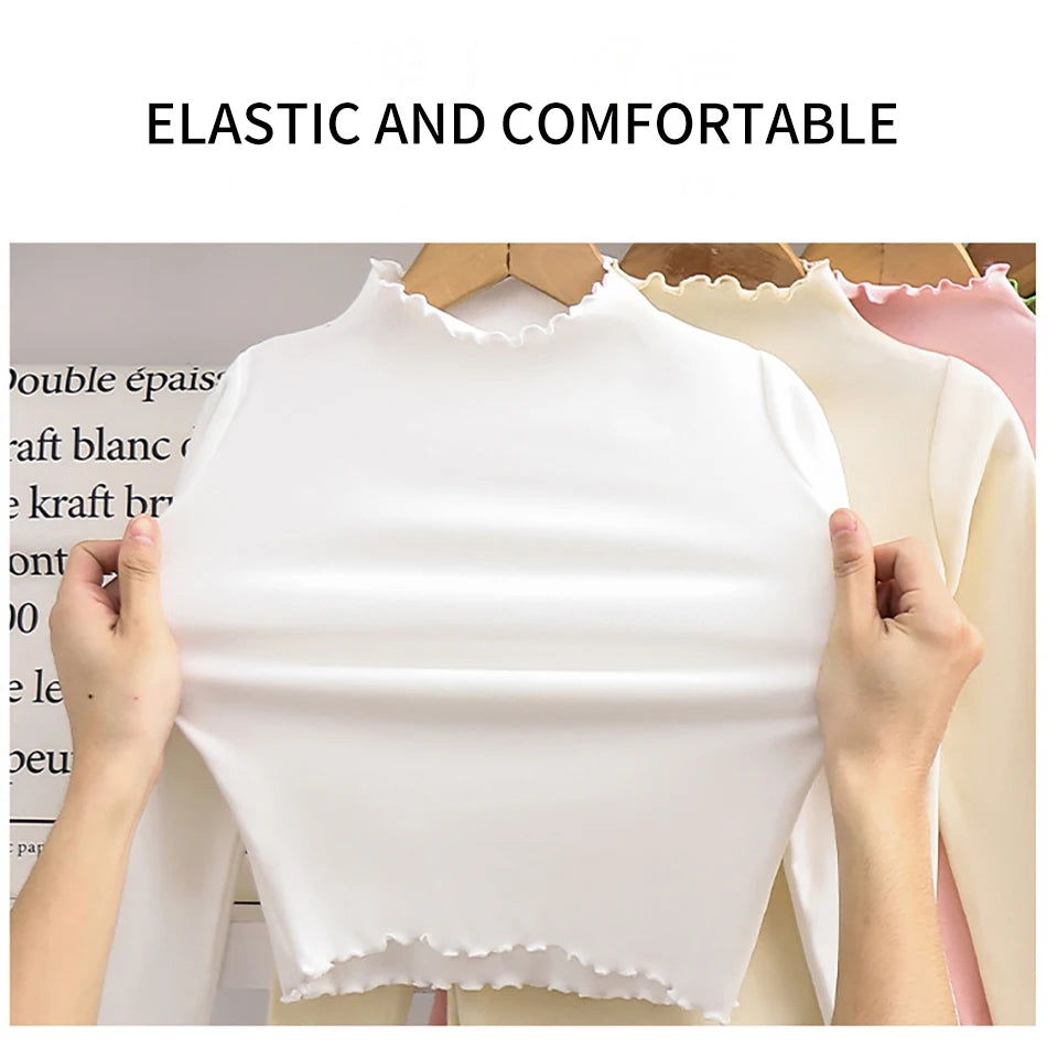 Autumn-Winter Girls Long Sleeve Solid Color T-Shirt with Ruffle Collar Girls Fashionable Comfortable Everyday Wear T-Shirt
