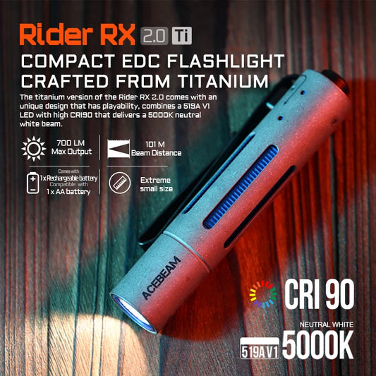 ACEBEAM Titanium LED Flashlight Rider RX 2.0 Max 700 Lumens EDC AA Flashlight, Bolt-action Design IP68 Waterproof handby toy