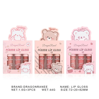 Dragon Ranee 3 colors doe lip glass hydrating mirror lip glaze moisturizing pearl with flash cartoon lip gloss set