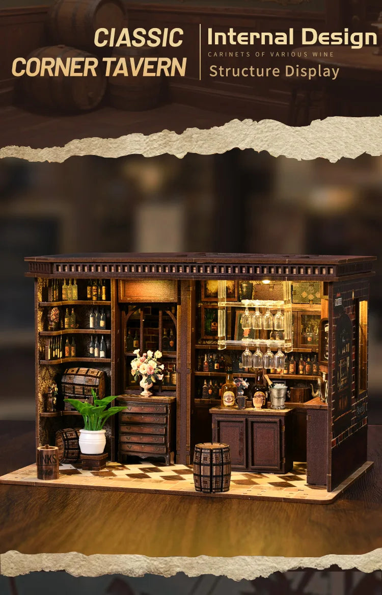 New Corner Bistro Miniature DIY Book Nook - 3D Wooden Puzzle Craft Kit, Christmas & Black Friday Micro Scene Model Gift