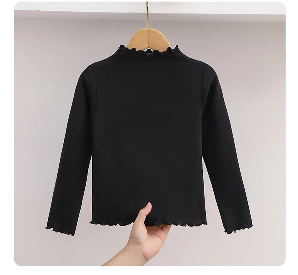 Autumn-Winter Girls Long Sleeve Solid Color T-Shirt with Ruffle Collar Girls Fashionable Comfortable Everyday Wear T-Shirt