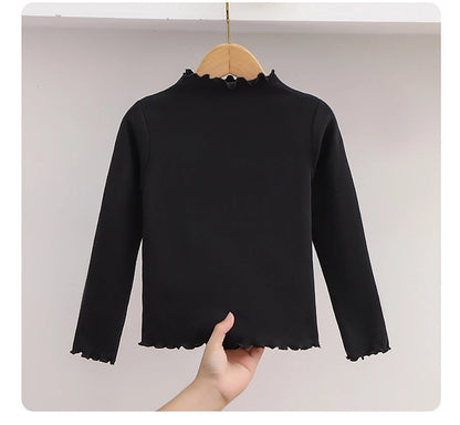 Autumn-Winter Girls Long Sleeve Solid Color T-Shirt with Ruffle Collar Girls Fashionable Comfortable Everyday Wear T-Shirt