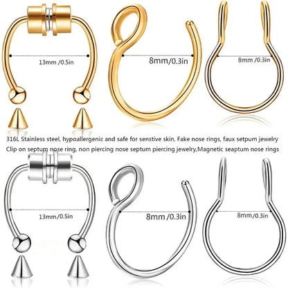 3/24pcs Fashion 316L Stainless Steel Fake Magnetic Septum Nose Hoop Ring,Horseshoe Clip On Nose Ring No-Pierced Septum Ring