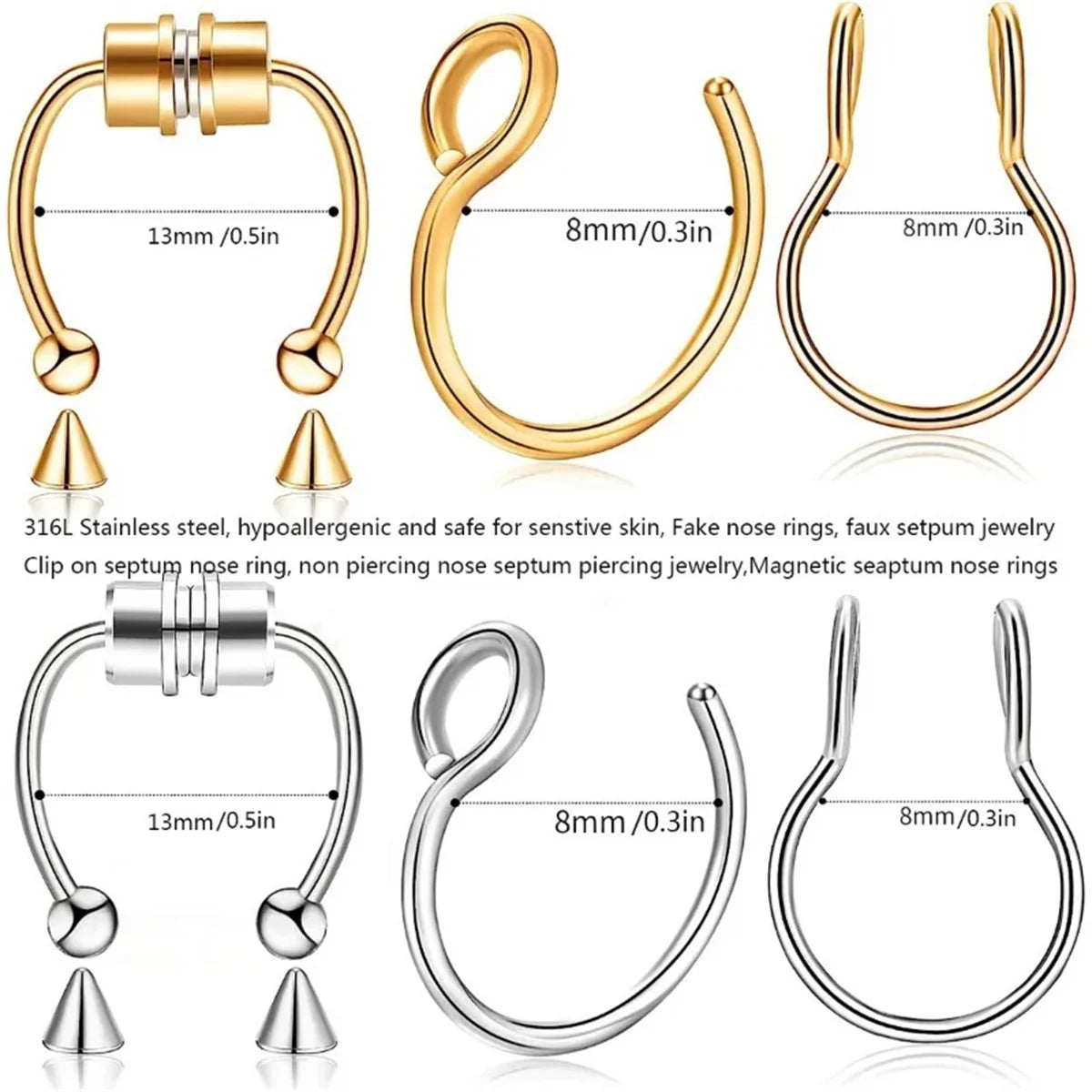 3/24pcs Fashion 316L Stainless Steel Fake Magnetic Septum Nose Hoop Ring,Horseshoe Clip On Nose Ring No-Pierced Septum Ring