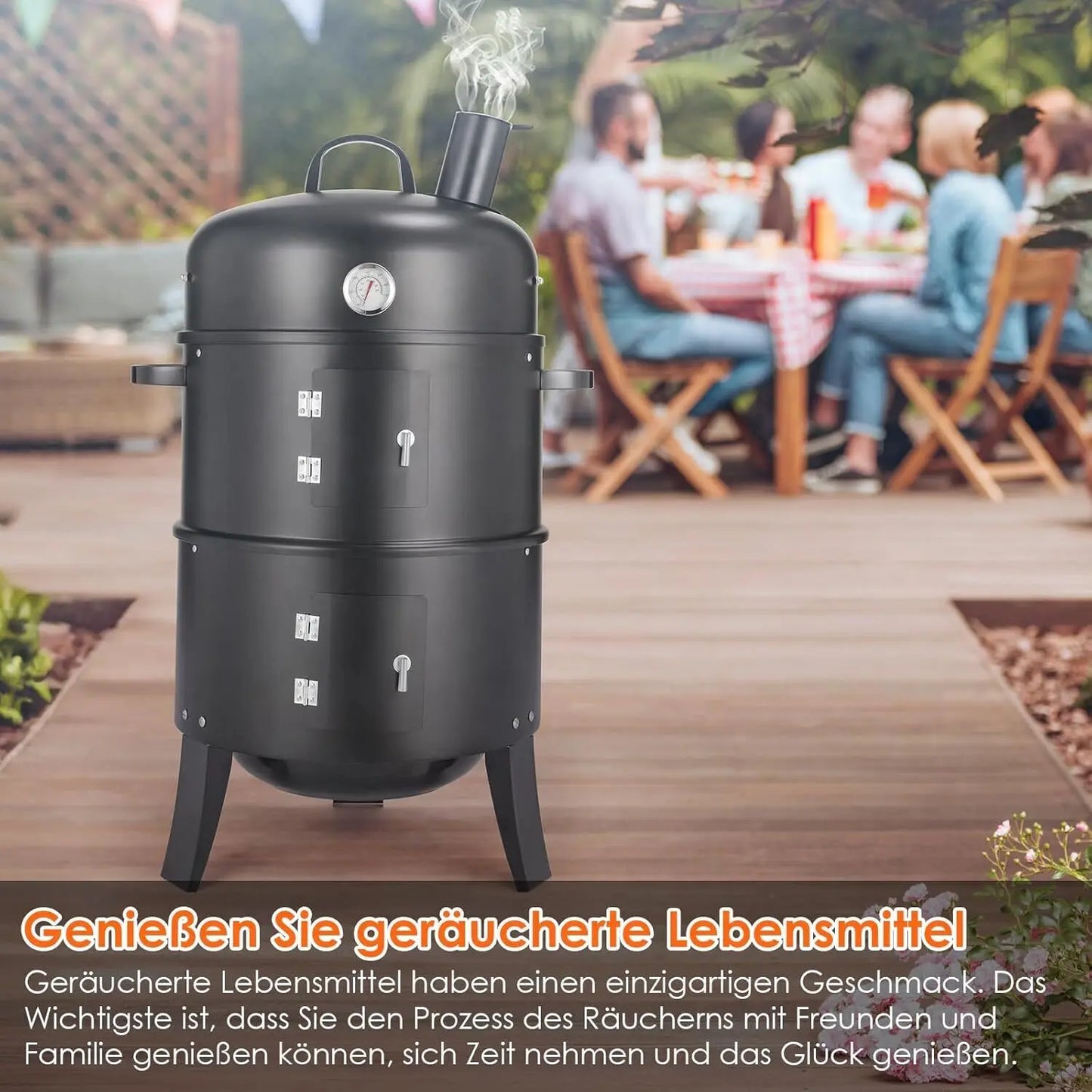 Charcoal BBQ Smoker Grill,3-in-1 Portable Vertical Grill Cooker with Built-in Thermometers & Adjustable Vent Systems for Outdoor