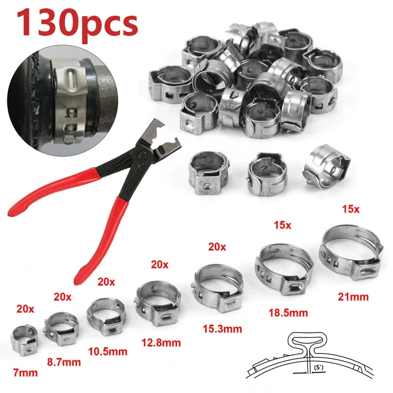 130pcs Single Ear Hose Clamps with Pliers or 130pcs Hose Clamps or 1PC Pliers 304 Stainless Steel Hose Clamps Cinch Clamp Rings