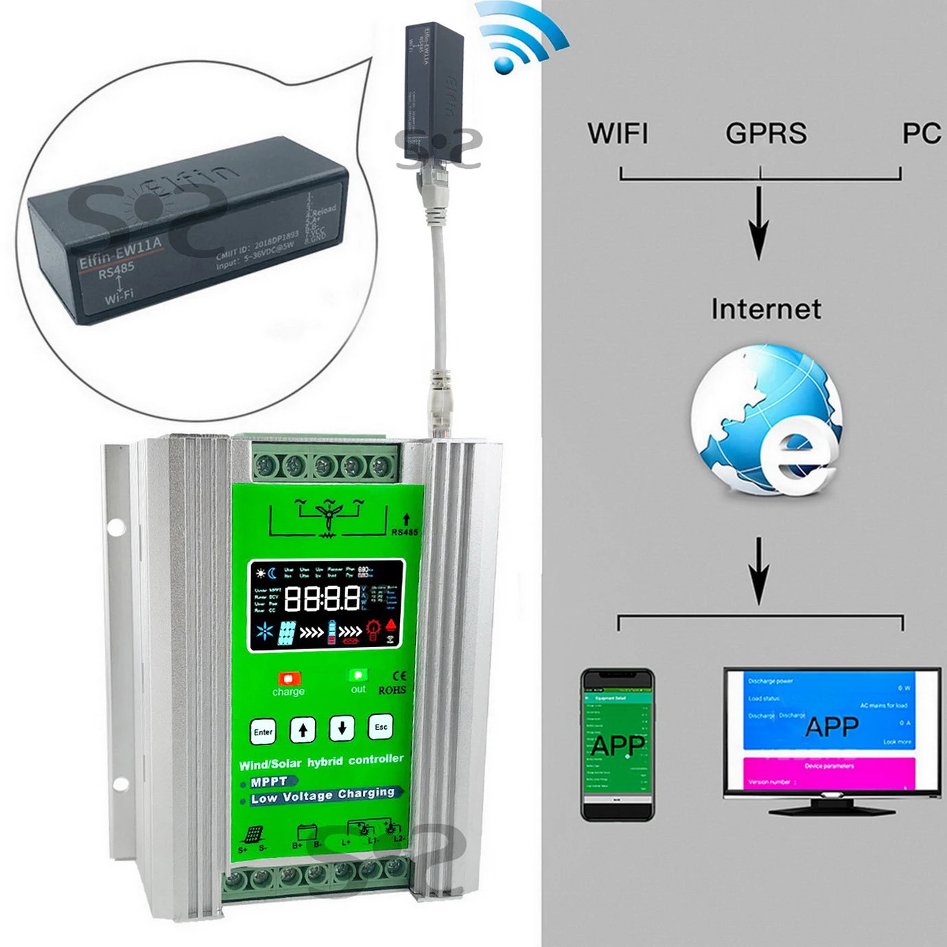 WIFI 4000W Wind Solar Hybrid Charge Controller with Equalizer, 12V 24V 48V AUTO, MPPT for Solar and Wind, for Lithium Lead Batte