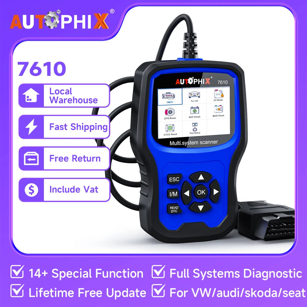 Autophix 7610 OBD2 Automotive Scanner for VW/AUDI All System EOBD/OBDII Code Reader ABS SRS Oil EPB D.PF TPMS Reset Car Tool