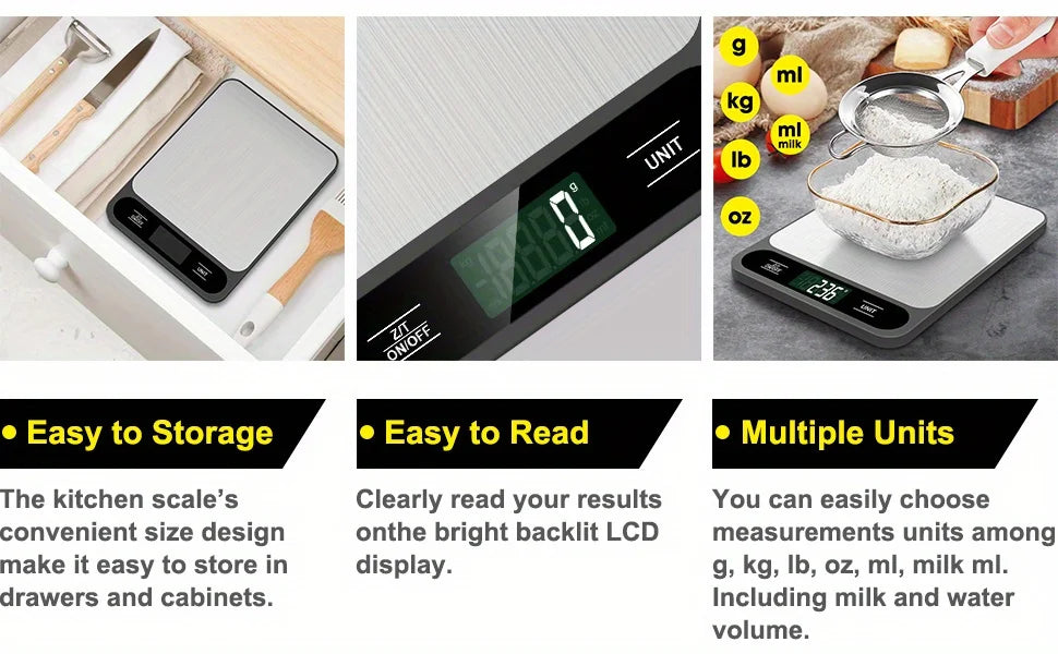 1pc Black Food Scale 10 Kilograms Digital Kitchen Scale Grams and Ounces 1g Precise Scale Easy to Clean Stainless Steel