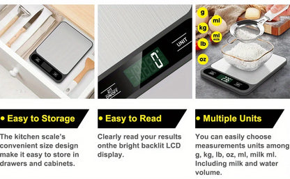 1pc Black Food Scale 10 Kilograms Digital Kitchen Scale Grams and Ounces 1g Precise Scale Easy to Clean Stainless Steel