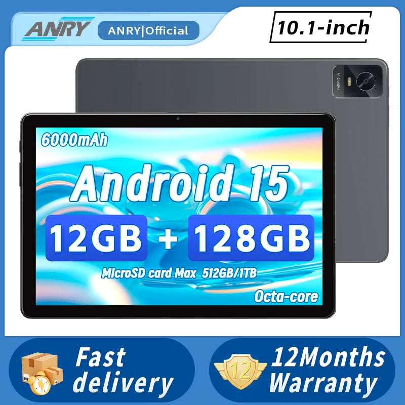 ANRY 10.1inch Tablet Android 2025, 12GB+128GB(1TB Expand) Android 15, 6000mAh 8-core 5MP+13MP Tablet PC with 5G WIFI Bluetooth