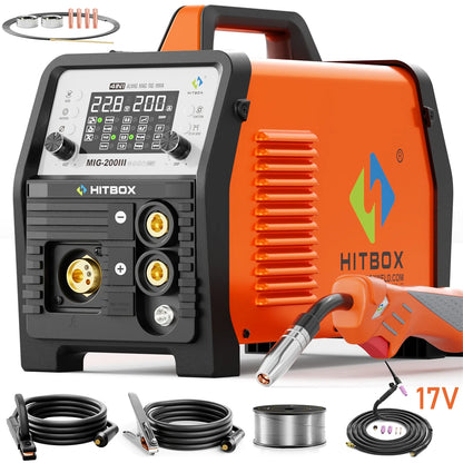 HITBOX 7 in 1 MIG Welding Machine 200A MMA/Gas Flux MIG/Lift TIG/Spot Welding/Spool Gun/Single Pulse Aluminium Welder Home DIY
