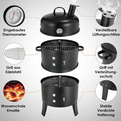 Charcoal BBQ Smoker Grill,3-in-1 Portable Vertical Grill Cooker with Built-in Thermometers & Adjustable Vent Systems for Outdoor