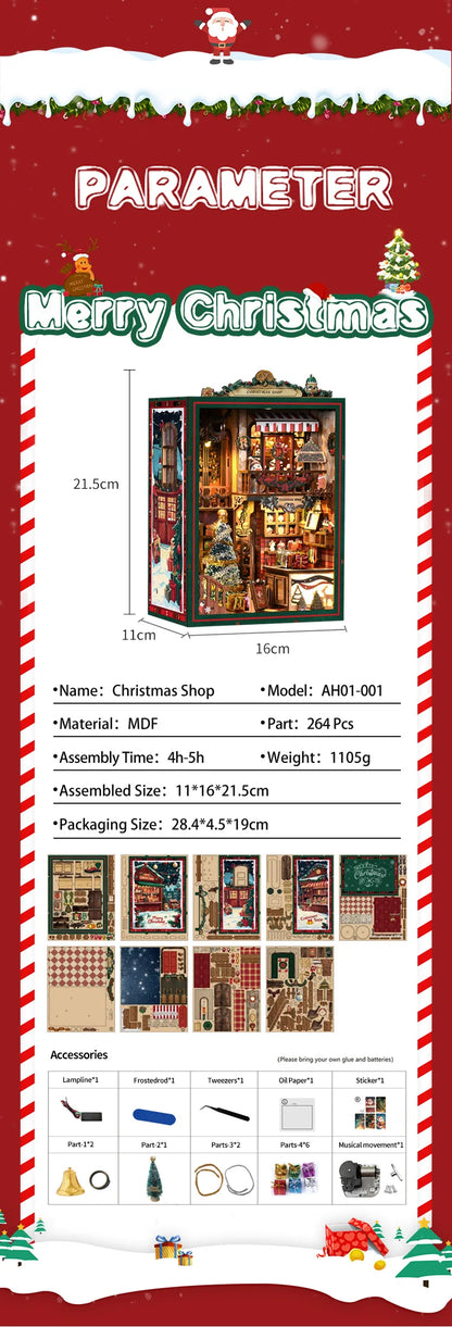 NEW DIY Book Nook Wooden Miniature Model Kits Christmas Shop Bookend 3D Puzzle With Light Bookshelf for Friends Birthday Gifts