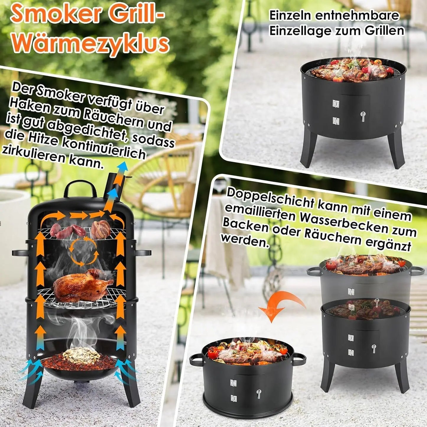 Charcoal BBQ Smoker Grill,3-in-1 Portable Vertical Grill Cooker with Built-in Thermometers & Adjustable Vent Systems for Outdoor