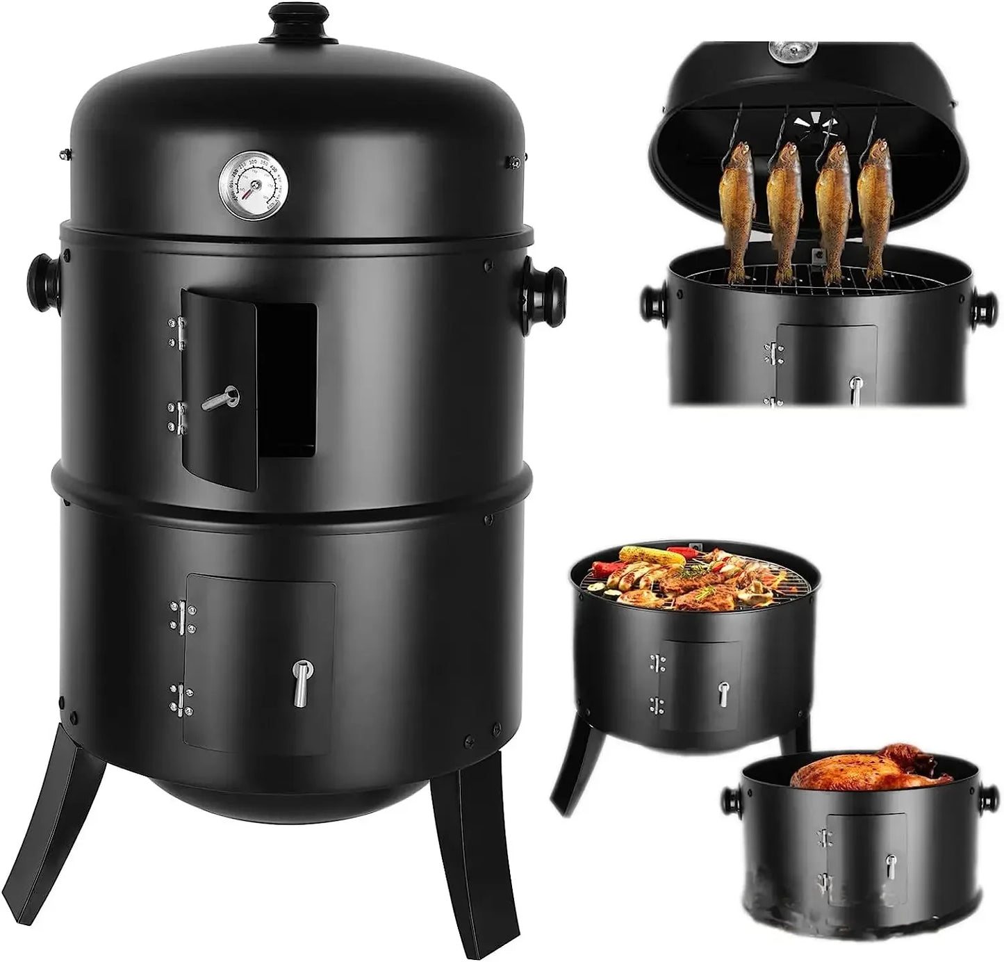 Charcoal BBQ Smoker Grill,3-in-1 Portable Vertical Grill Cooker with Built-in Thermometers & Adjustable Vent Systems for Outdoor