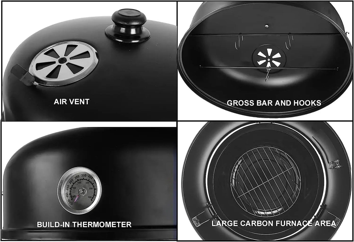 Charcoal BBQ Smoker Grill,3-in-1 Portable Vertical Grill Cooker with Built-in Thermometers & Adjustable Vent Systems for Outdoor