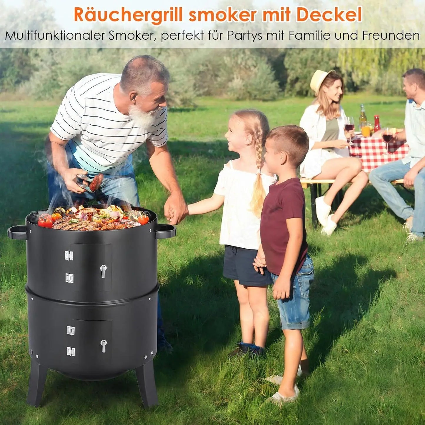 Charcoal BBQ Smoker Grill,3-in-1 Portable Vertical Grill Cooker with Built-in Thermometers & Adjustable Vent Systems for Outdoor