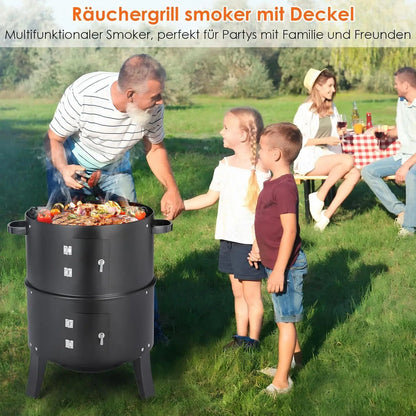 Charcoal BBQ Smoker Grill,3-in-1 Portable Vertical Grill Cooker with Built-in Thermometers & Adjustable Vent Systems for Outdoor